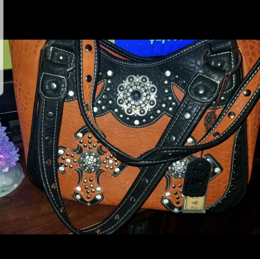 Rhinestone Shoulder Burnt Orange/Black Handbag - Picture 1 of 3